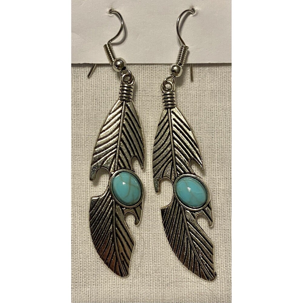 Blue Howlite FEATHER dangle earring SP Fish hook handcrafted SPOD